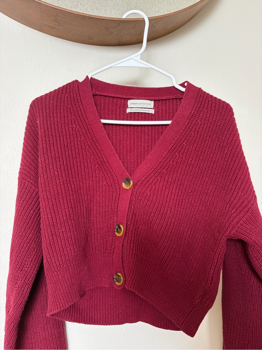 Urban Outfitters Cranberry Red Cropped V‑Neck Button Cardigan